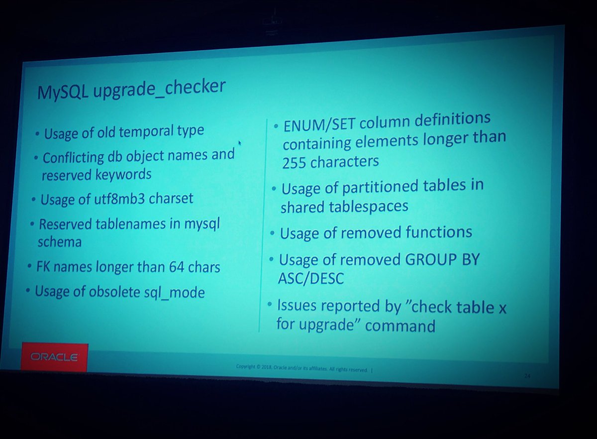 The @MySQL 8.0 upgrade_checker in the Shell checks for these 12 potential problems and allows you to have a smooth migration to 8.0 #MySQL8isGreat #oow18 #CodeOne 🐬🎱