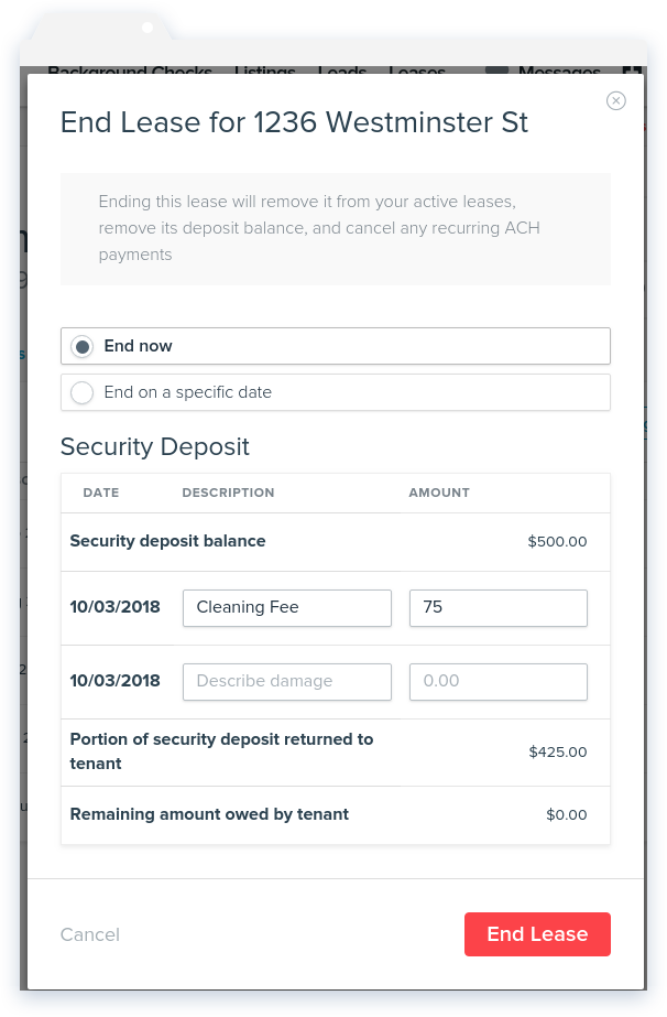 NowRentingcom's tweet photo. When ending a lease, you can now add any charges such as fees for damages or cleaning, that may need to be paid by the tenant. Any security deposit will be applied to these charges, including outstanding rent or any other unpaid charges. #NowRenting makes #RentalManagement easy! https://t.co/kgIIHKR6Xc