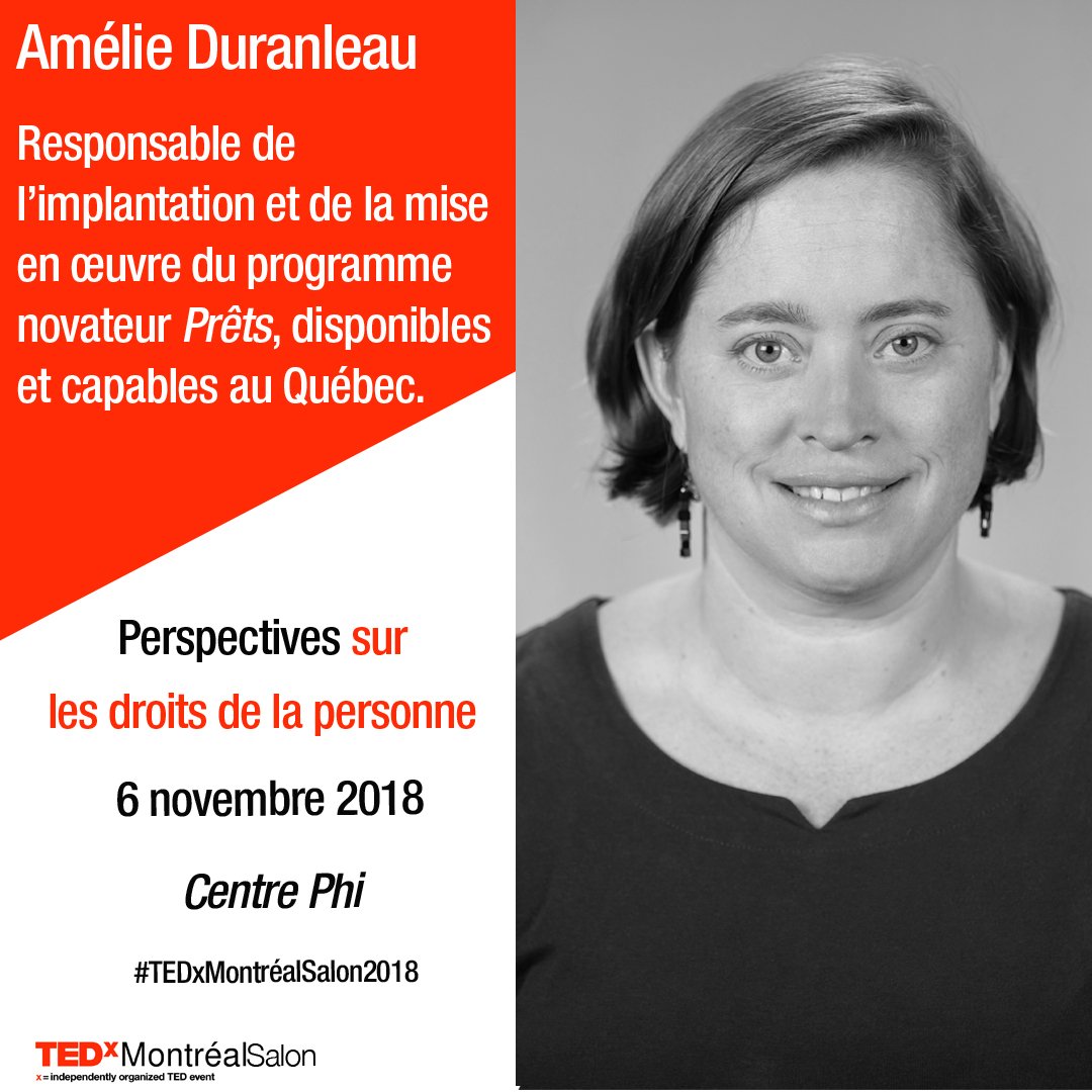 Nous avons le plaisir d'annoncer Amélie Duranleau, 3ème conférencière au #TEDxMontréalSalon, le 6 novembre au @PhiCentre ! Amélie abordera la question des processus d'embauche inclusive des populations plus vulnérables. Rejoignez-nous : phi-centre.com/evenement/tedx…