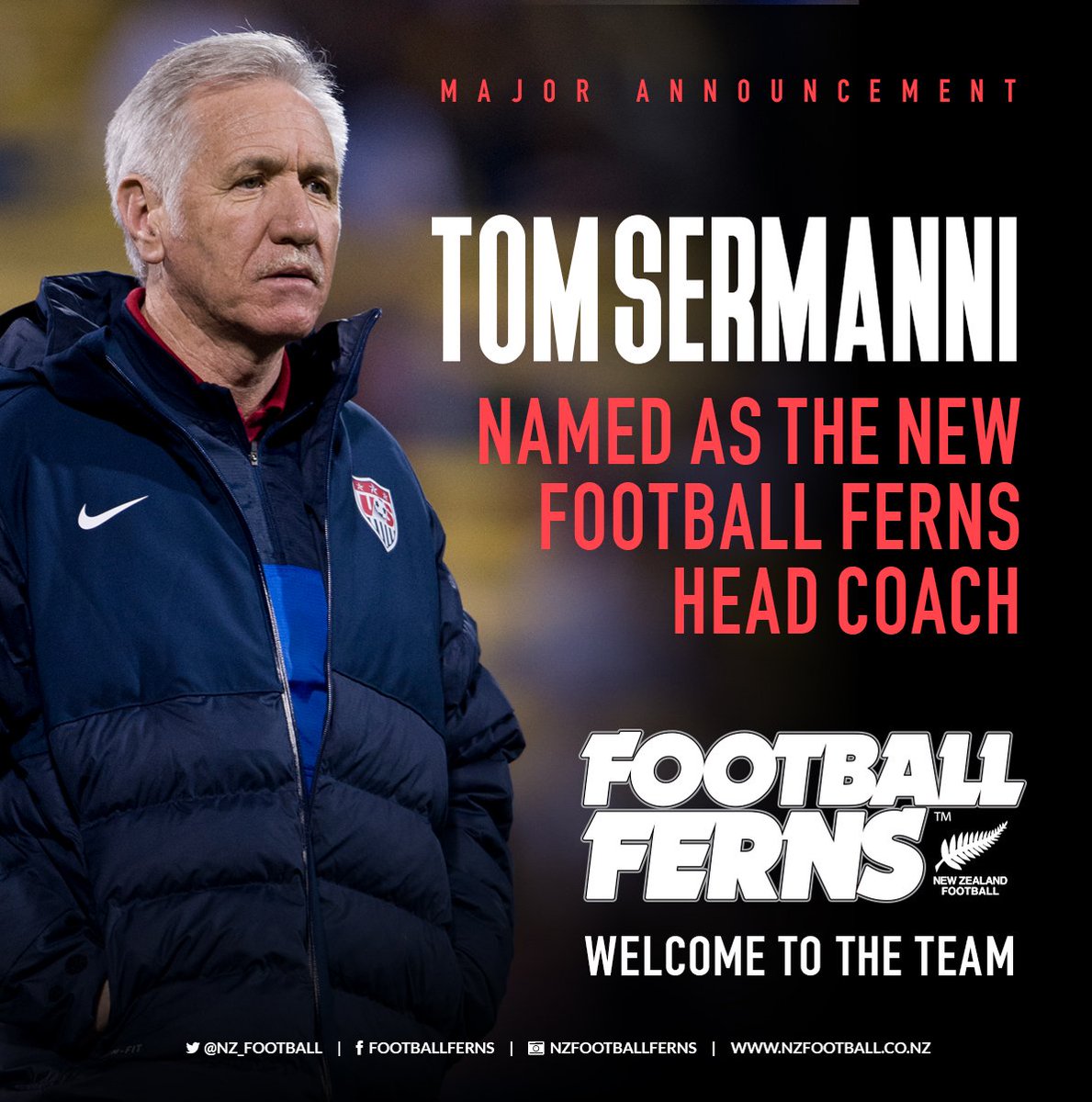 NZ_Football's tweet photo. CONFIRMED | @NZ_Football is pleased to announce Tom Sermanni as the new #FootballFerns Head Coach. https://t.co/dauIJa8sPo