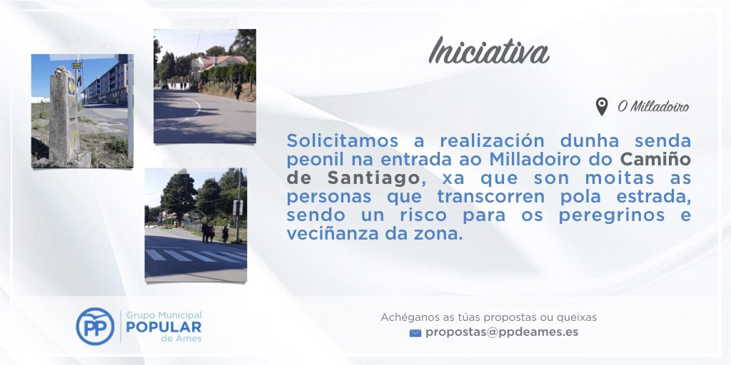 PopularesAmes's tweet photo. Os peregrinos ➡️ que van cara Santiago, ao seu paso polo #Milladoiro están obrigados a circular pola estrada xa que non hai beirarrúas. Solicitamos por tanto que se teña en conta a súa seguridade e se realice unha senda #PPlenoAmes #PPropostasAmes https://t.co/G0Hro7fOsK
