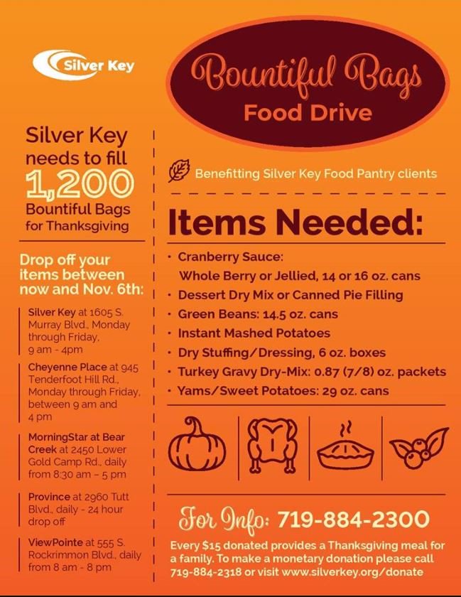 RMHCS's tweet photo. .@SilverKeyCOS is hosting their Bountiful Bags Food Drive for Thanksgiving! See the info below & donate if you can. #RMHCS #RMPACE #PACE #SilverKey #BountifulBags https://t.co/mHsjbd8Id7