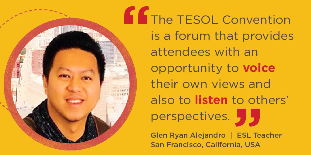 TESOLConv's tweet photo. Meet Glen Ryan Alejandro, #ESL teacher in California and #TESOL19 Ambassador! Glen has been a teacher for 23 yrs &amp; attended 7 #TESOL Conventions. Originally from the Philippines, Glen is an advocate for the #NNEST community. Learn more about Glen at https://t.co/0zFlJlK2dg https://t.co/aXjCsldND4