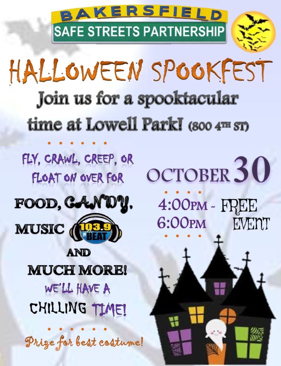 bakersfieldpd's tweet image. Join officers, along with other community partners, for a spooktacular time at Lowell Park! The event will be Tuesday, October 30th from 4-6 PM. FREE to attend! Join us for food, candy, and music with @thebeat1039 #Halloween #BSSP #BetterTogether #SafeHalloween #Bakersfield