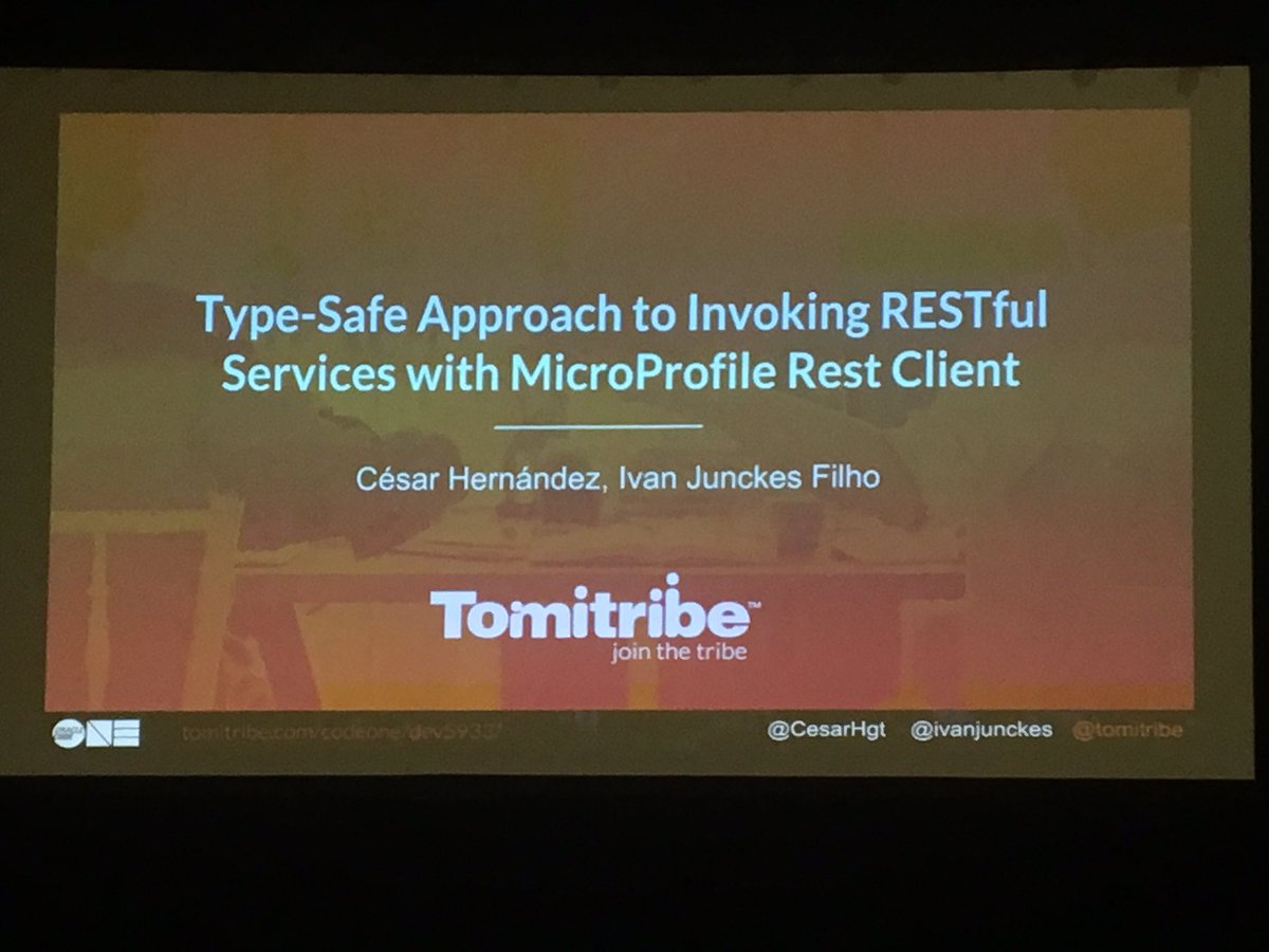 ameliaeiras's tweet photo. #tribers 🧡 @ivanjunckes &amp; @CesarHgt talking about #invoking #RESTfulservices with @MicroProfileIO #RESTclient @OracleCodeOne 💙 #OSS #sharingIScaring 💛 @tomitribe https://t.co/sBE2mHwcSo