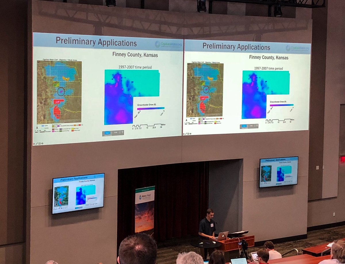 waterdoc_sharda's tweet image. Dr. Ryan Bailey from @ColoradoStateU  @Ogallala_water presenting an example groundwater draw obtained from integrated modeling work being done in Finney County, Kansas. #nwcsymp2018 #DSSAT #modflow #Ogallala #modeling #kansas