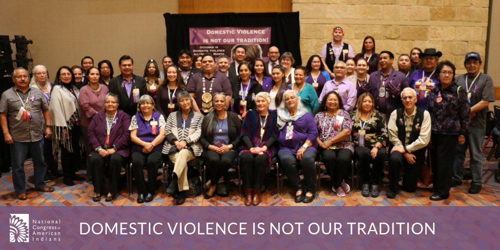 NCAI1944's tweet photo. Violence is not our tradition. Tribal leaders at #NCAI75 wear purple in support of #DVAM18. #VAWA #PurpleThursday https://t.co/4GZcItKoW4