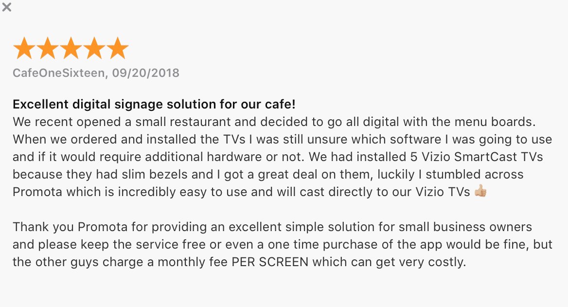App_Promota's tweet image. Thank you for the 5-star review! 🙏🏼🌟 Our goal has always been to give #smallbiz owners a free and easy solution for digital signage.

We're happy to hear it's coming true!