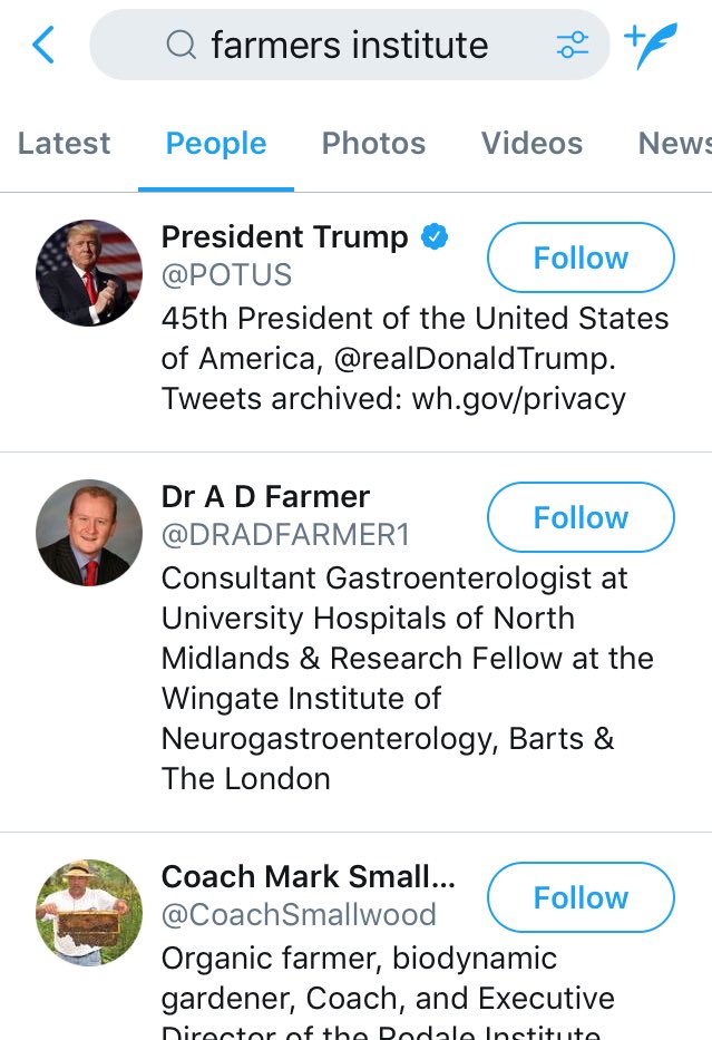 just_a_ct_ldy's tweet image. Did Donald Trump pay @Twitter to show up in search results? Or does the twitter #searchfunction just suck? He showed up TWICE when I searched for “farmers institute” and was the first hit when I searched for a “Paul Arthur”
What the heck?!?