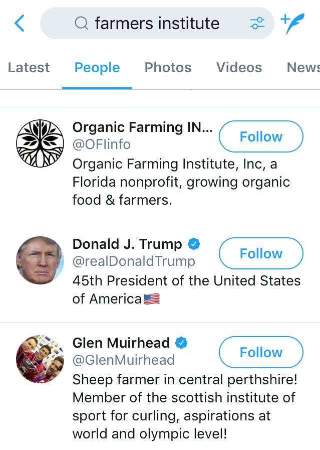 just_a_ct_ldy's tweet image. Did Donald Trump pay @Twitter to show up in search results? Or does the twitter #searchfunction just suck? He showed up TWICE when I searched for “farmers institute” and was the first hit when I searched for a “Paul Arthur”
What the heck?!?