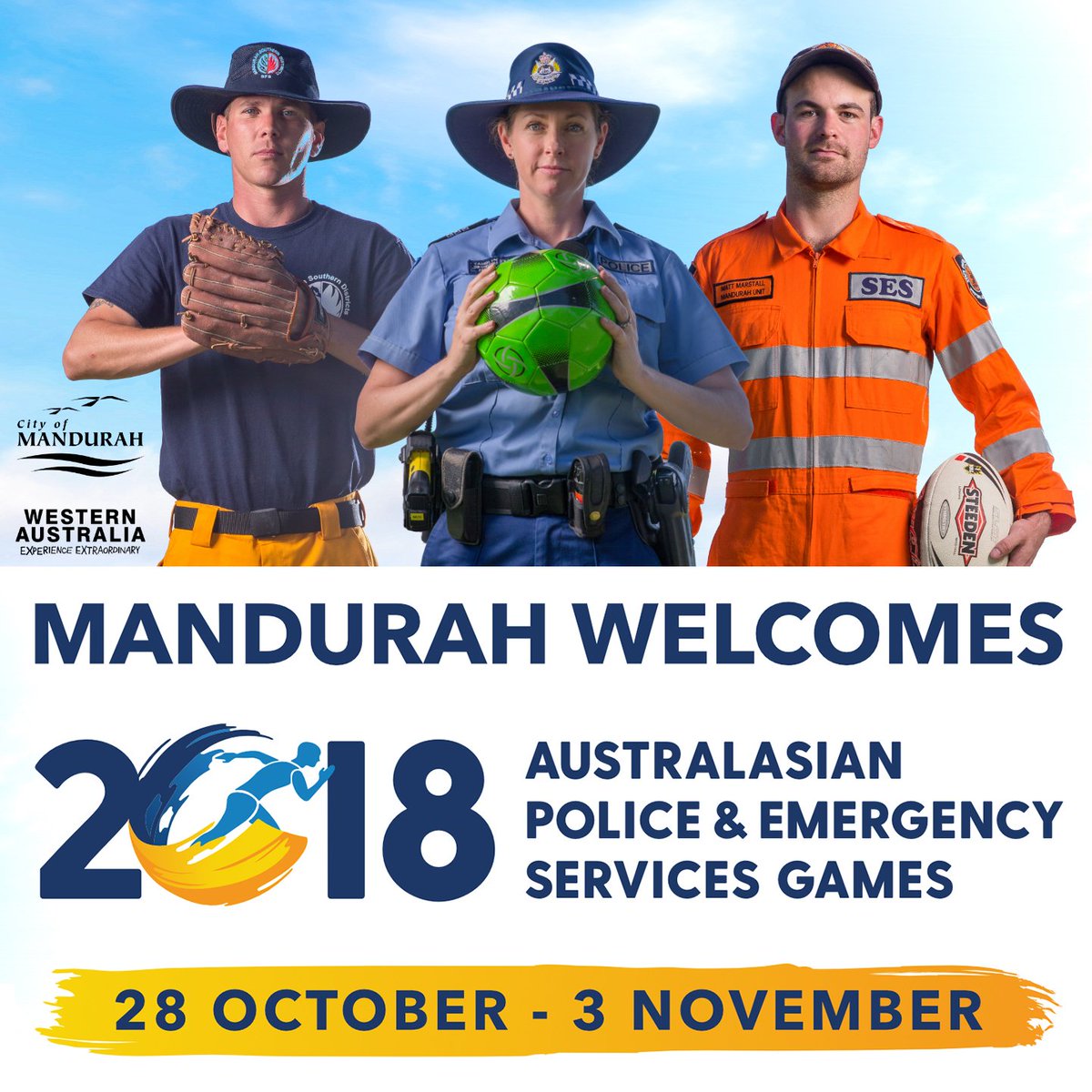 WA_Police's tweet photo. Head to Mandurah this Sunday for the opening of the AP&amp;ES Games! 3k+ competitors, 51 sports, 7 days @APESGames2018 @CityofMandurah #apes2018 #mandurah2018 #extraordinarypeople 
https://t.co/pTp55fxOD4 https://t.co/NBf0CzmOHK