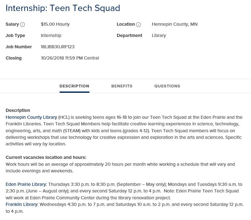 HennepinJobs's tweet image. Applications due tomorrow for internship for high school students: Teen Tech Squad at the @hclib. APPLY: bit.ly/2QSg99D