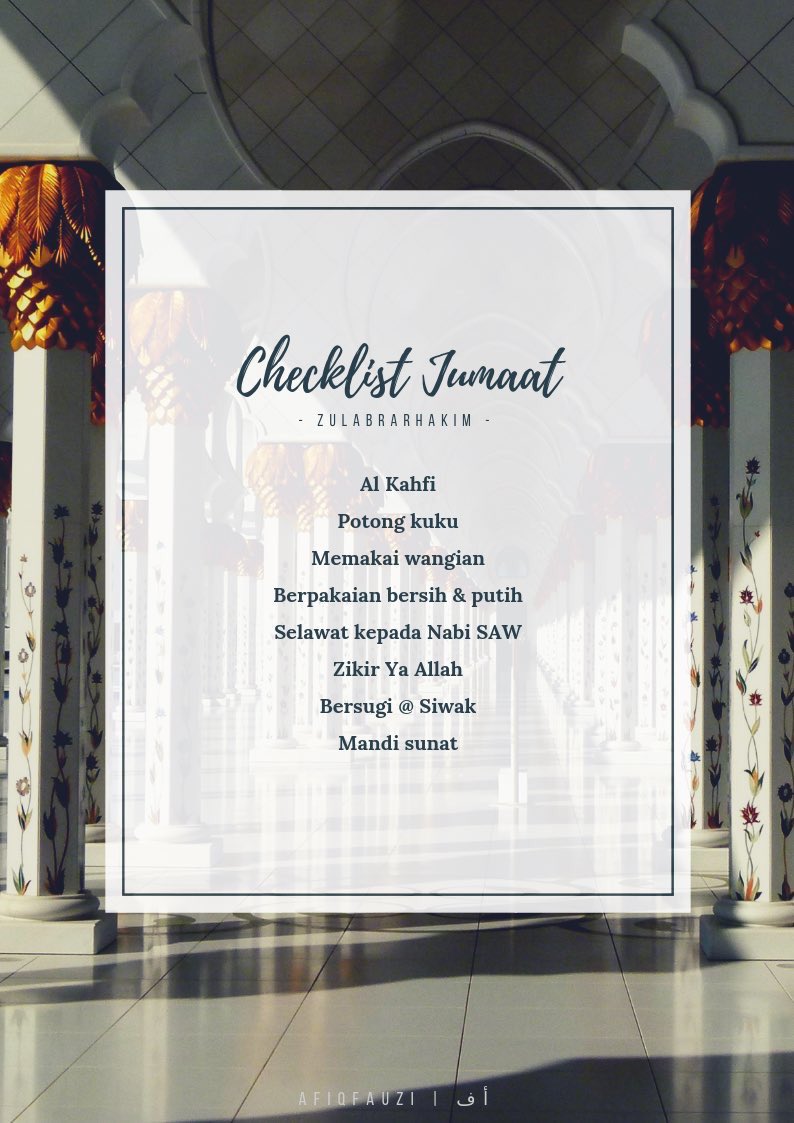 Checklist Jumaat,

Al-kahfi
Potong kuku
Memakai wangian
Berpakaian bersih/putih
Selawat kepada Nabi
Zikir Ya Allah
Bersugi/siwak
Mandi sunat