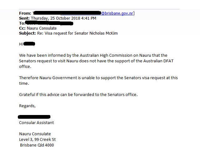 BREAKING: I have been refused a visa to visit Nauru. The reason? The Australian Government told them not to let me in. Kids are at risk of dying and Morrison doesn't want anyone to see. #KidsOffNauru