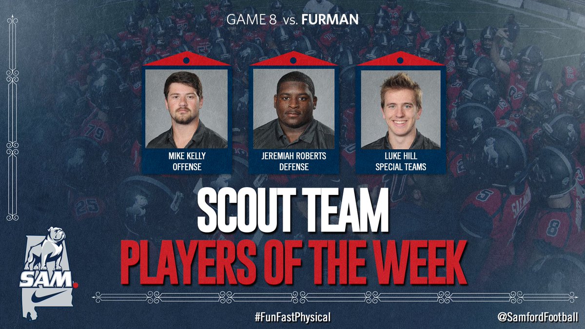 SamfordFootball's tweet photo. It takes a total team effort to put together a 3-game winning streak, but these guys stood out during the Furman prep week!

#FunFastPhysical
#AllForSAMford 🐶🐾 https://t.co/wWOwITvAWV