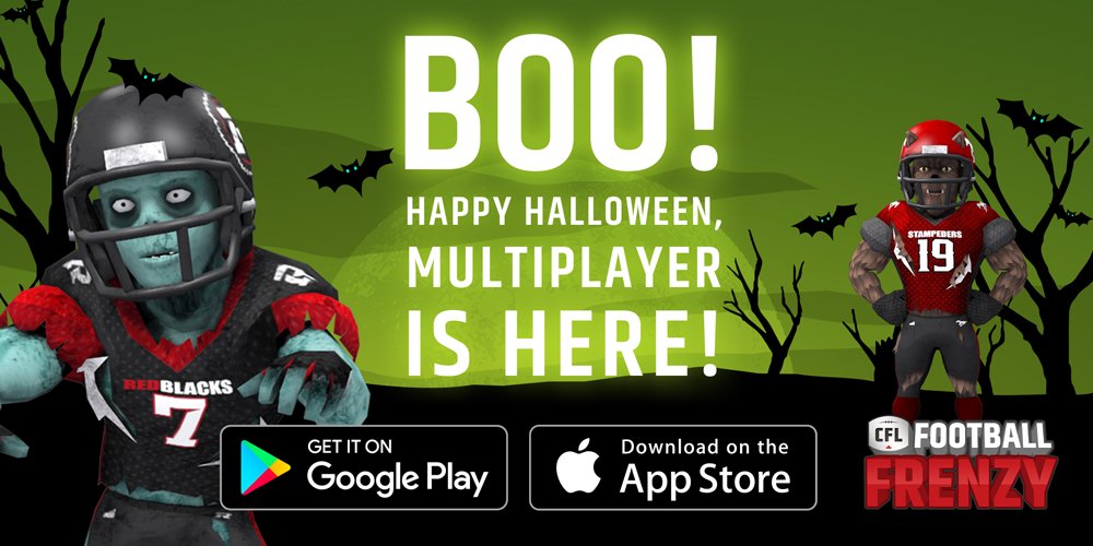 CFL's tweet photo. BOO! 👻👻👻

Happy Halloween everyone, enjoy it with a spooky #CFLFrenzy update + MULTIPLAYER is now in the game 🤯

Download + play 🎮 | https://t.co/l6lwzs8bXx https://t.co/o9DBSoPzDm