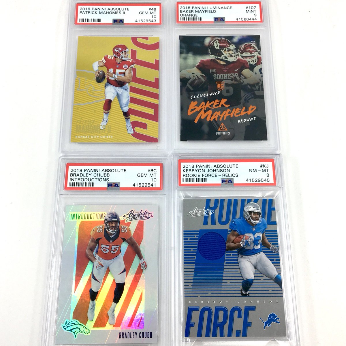 PSAcard's tweet image. Giveaway!!! Here's a group of impressive NFL rookie cards led by #PatrickMahomes. RT for a chance to win ONE of these cards, and we'll throw extra #PSAcard goodies in. FOUR winners will be announced Tuesday (10/30/18). (Must be U.S. resident of at least 18 years of age.)