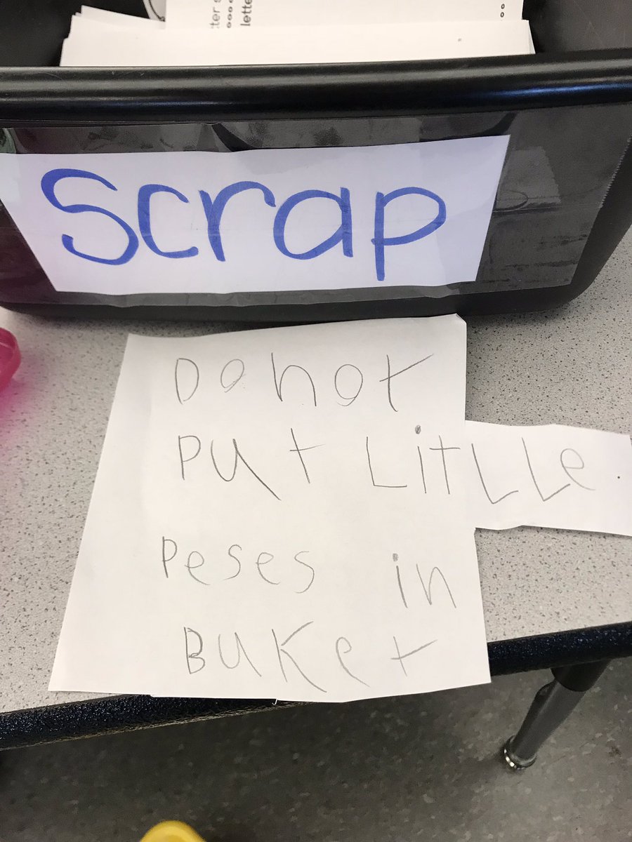 teacherlor's tweet photo. When a firstie asked me to tell the class not to put little pieces in the scrap bucket, I challenged him to problem solve. #ilovefirstgrade #littleproblemsolvers https://t.co/DhPlWtgQ3G
