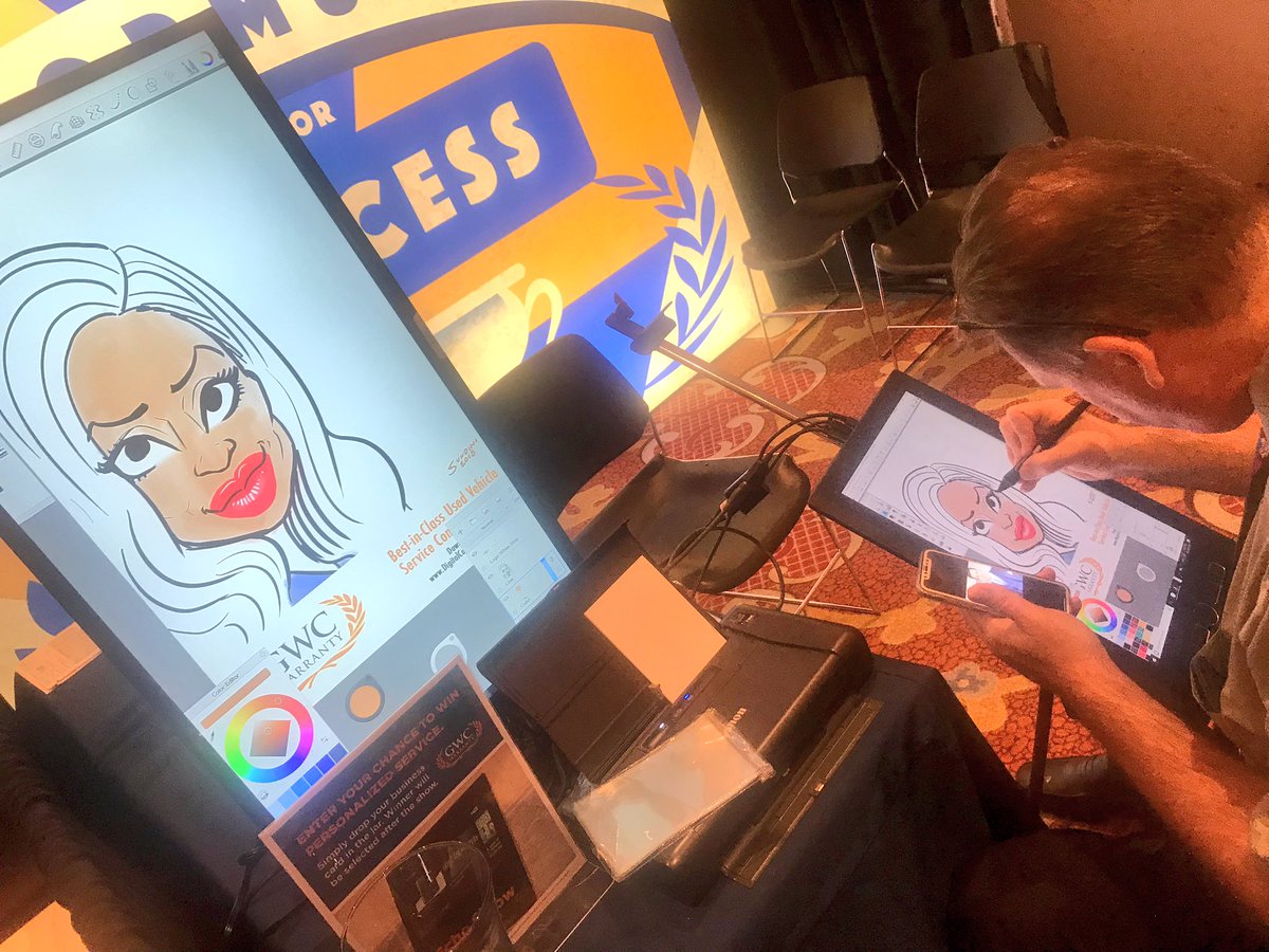 AyshaEllisAziz's tweet photo. Caricatures at #AFSummit18 during the cocktail reception tonight, all thanks to @GWCWarranty! https://t.co/udB3GMaSos