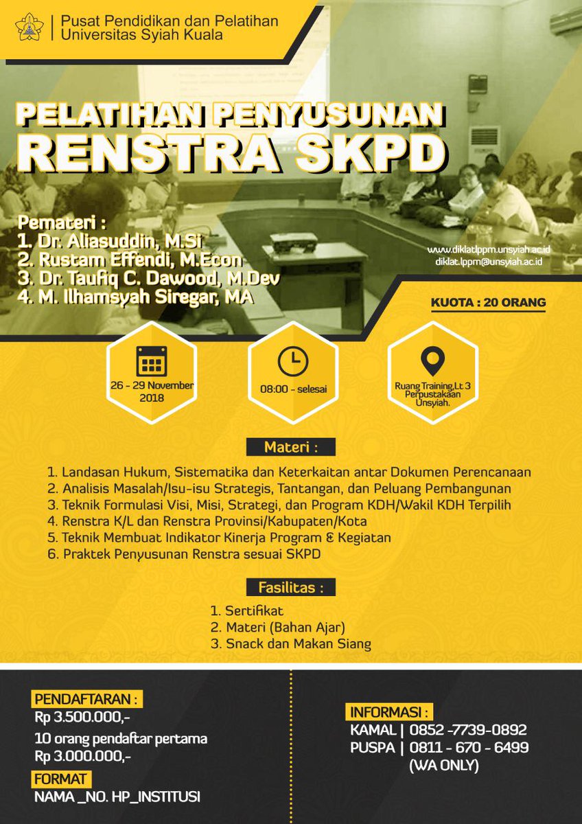 univ_syiahkuala's tweet photo. #AcaraUnsyiah
Pelatihan penyusunan renstra SKPD, silakan daftar di narahubung ya. https://t.co/cX212KQyaK