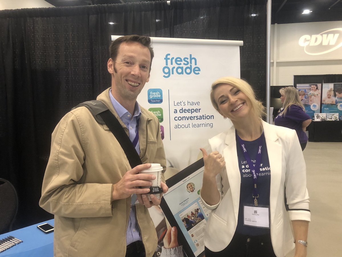 Mlschuurman's tweet photo. Look who dropped by our booth! @JKwas ! Teachers from @PalliserSchools are rocking their @FreshGrade accounts. Stop by our booth to learn more about how we can support your educational goals around #parentengagement and #communicatingstudentlearning. #atle2018 #conedtech https://t.co/OSTs2FwNEV