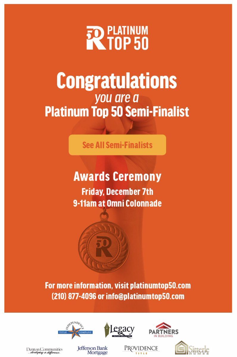 PatriciaEChavez's tweet photo. Wooohoooo!!!  I made the Semi-Finalist list!!!  Fingers crossed I can make the Finalist list this year! 👏👏👏🎉🙏 #PlatinumTop50 #Realtor #PT50 #SanAntonio #kw https://t.co/6JJsl4eDCS