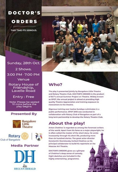 Presenting "Doctor's orders" a collection of Chekhov's short plays on October 28, Sunday
<a href="/DeccanHerald/">Deccan Herald</a> is the media partner #chekov #shortplays #Bangalore #theatre #bangalorelittletheatre #spot #summerprojectontheatre #theatreappreciation
