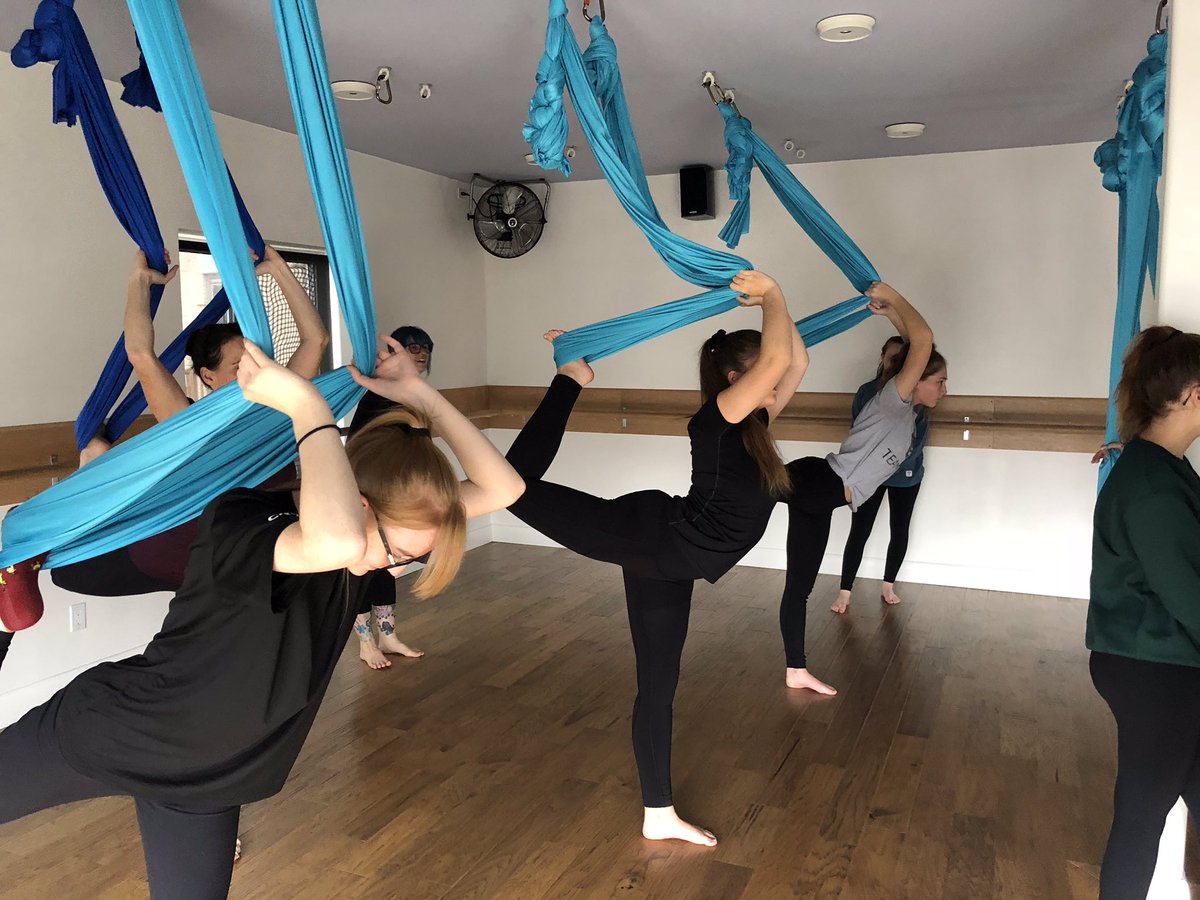 AllenAcsai's tweet photo. Lots of fun just hangin’ around @AnnGreenYoga with my Gr. 12 Yoga crew! #aerialyoga @SCDSB_Wellness https://t.co/S7pHyM4RDJ