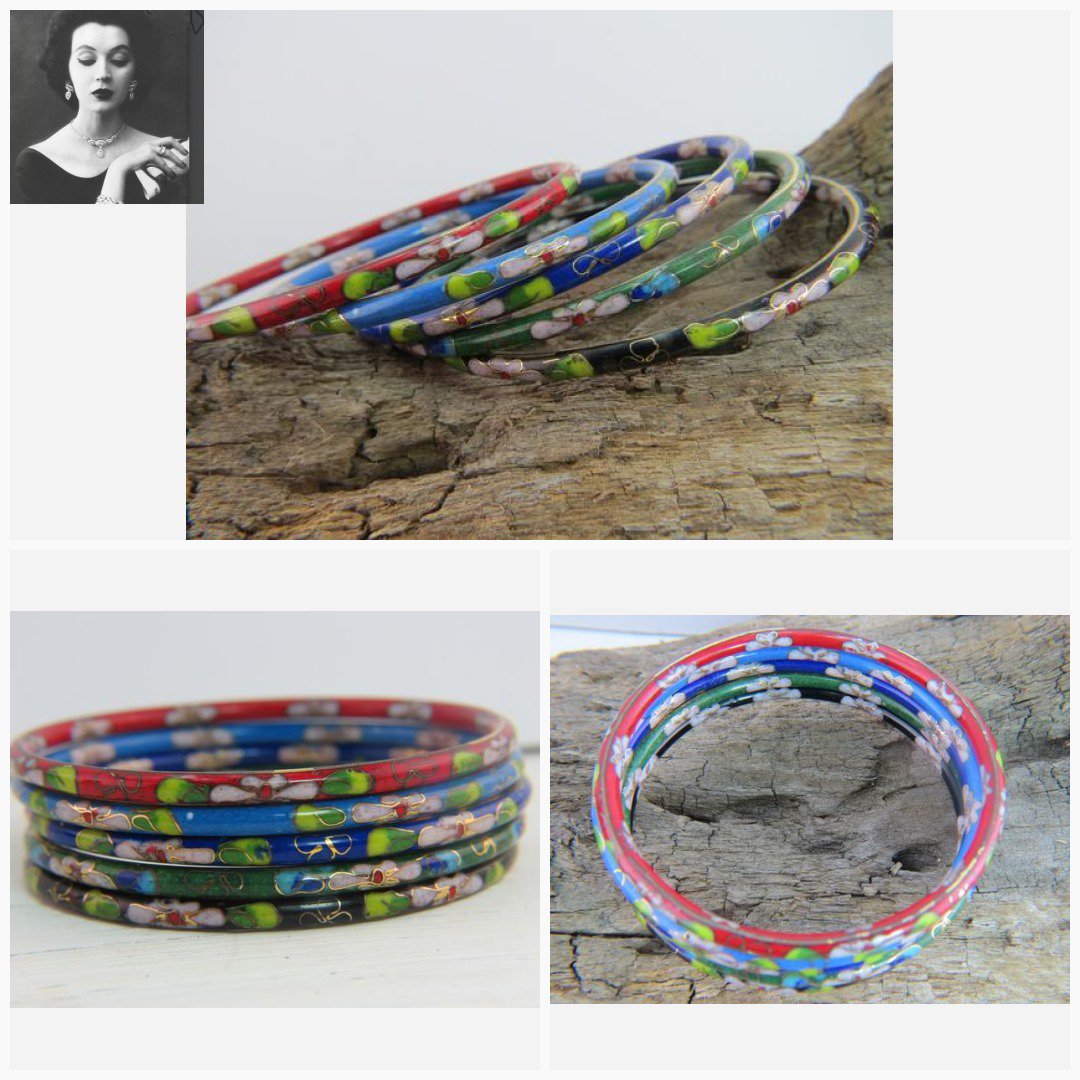 Set of 5 Vintage Chinese Cloisonné Bangles. Inside diameter of 59mm(roughly 2.32 inches.) #GreenBangle #VintageBangle #GirlsBangles #BlackBangle #CloisonneBangles #RedBangle #WomensBangle #SkyBlueBangle #ChineseBangles #BlueBangle 
$30.00
➤ goo.gl/GBJDGd