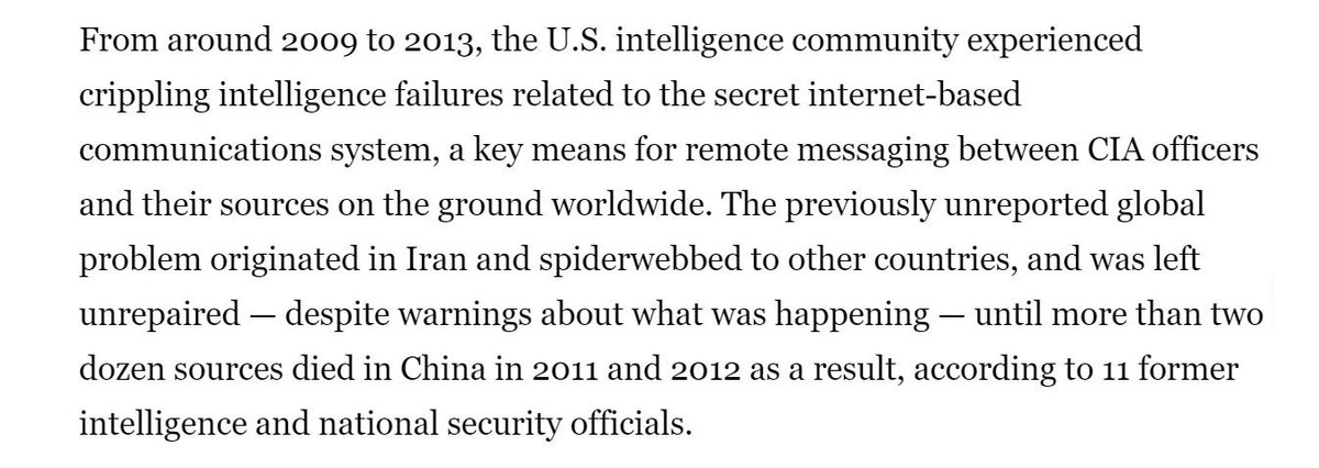 StateofAdam's tweet image. Global compromise of CIA communications starting in Iran led to the sources in China being killed according to @zachsdorfman &amp;amp; @JennaMC_Laugh of @YahooNews.
"Close to 70 percent of operations at the time were potentially compromised"
yahoo.com/news/cias-comm…