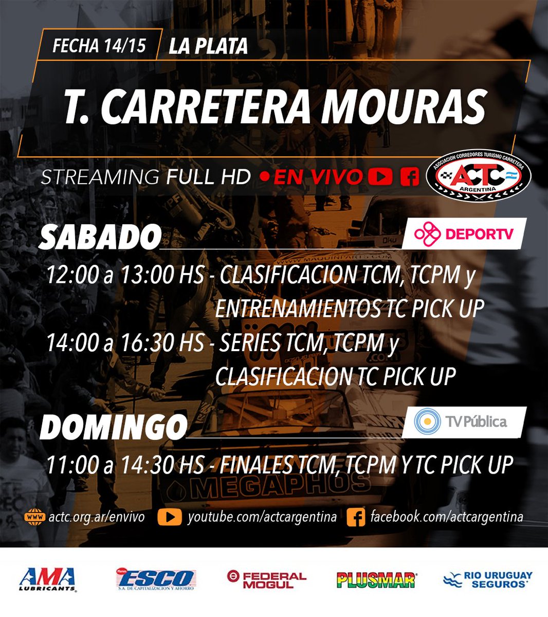 ¡Se viene un fin de semana a pura velocidad!🔥

📺Agendate los horarios de actividad del #TCMouras y #TCPickUp 💪
