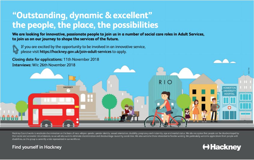 hackneycouncil's tweet photo. "Come work in Hackney, because as a social worker and as Principal Social Worker I would be honoured to welcome you to Adult Services. It's a really exciting place to work." #Hackney PSW @MWillicome @AdultPSWNetwork #FindyourselfinHackney https://t.co/Sq6lD1IHCH https://t.co/vibV03iY5z