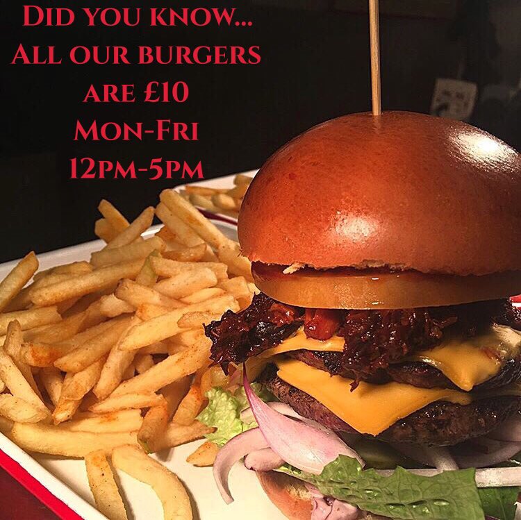 It’s Friday! Join us for lunch and get any burger for £10! #stockyard #stocktonheath #warrington #burgers #lunchtimetreat