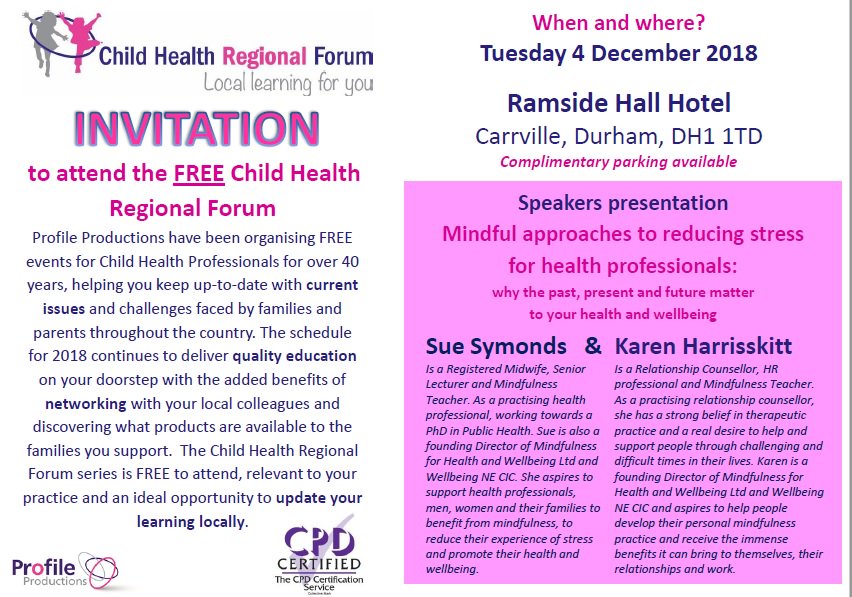 Don't miss out! Book your place at the Free Child Health Regional Forum in 𝐃𝐮𝐫𝐡𝐚𝐦 at the <a href="/Ramside_Hall/">Ramside Hall</a> Hotel where Sue Symonds and Karen Harrisskitt will be presenting "Mindful approaches to reducing stress". Click here to register: childhealthforums.co.uk/registration/