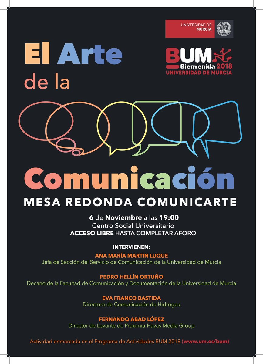 CentroSocialUMU's tweet photo. Si estudias en la @fcdmurcia @UMU  o trabajas en al ámbito de la comunicación, ¡No puedes perderte esta mesa redonda! 👌
#ElArteDeLaComunicacion
#BUM2018 https://t.co/RZHW6rLq19