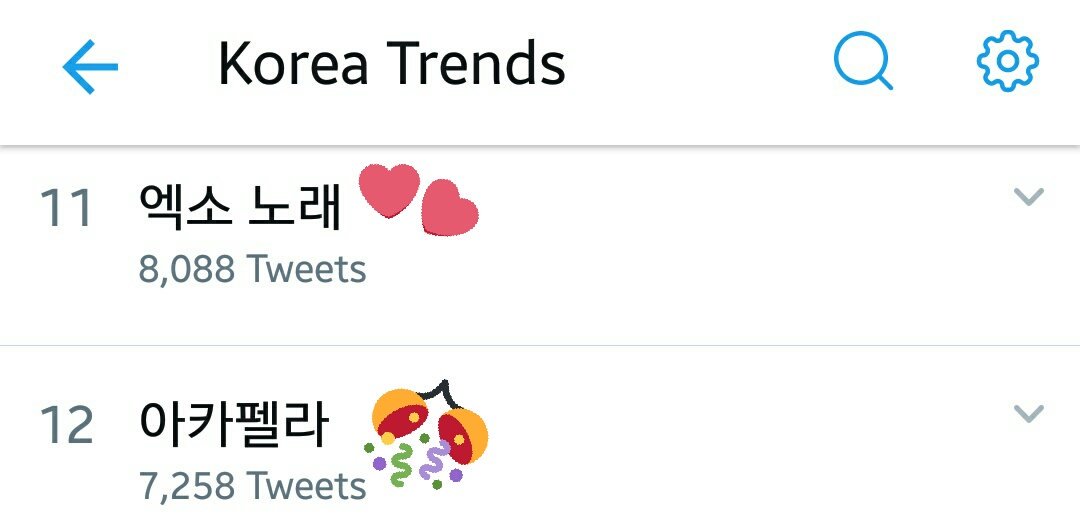 EXOGlobal's tweet photo. [!] 181102 EXO 엑소, 엑소 노래 (EXO Song) and 아카펠라 (Acapella) is now trending 2nd, 11th and 12th respectively on Korea Trends.

#TempoOutNow 
#EXO
#EXO_TEMPO 
#EXO_DontMessUpMyTempo
#어디에도_없을_완벽한_EXO 
@weareoneEXO https://t.co/oMwSGVSLKy
