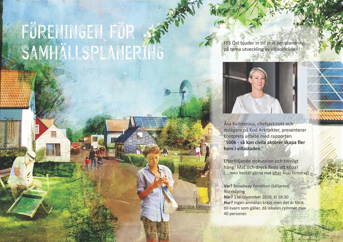 Fler bostäder och en långsiktigt hållbar utveckling av Sveriges villaområden - det är Kods utvecklingsoprojekt 500k i en mening. Fler meningar får du i Norrköping den 13 november. Välkommen! facebook.com/events/2152567… #kodarkitekter #arkpol #bopol #svgreen #byggpol