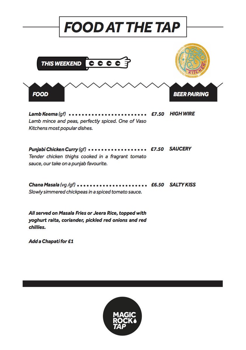 MagicRockTap's tweet image. This weekend's @vasokitchenmcr menu

Friday 2nd / 3pm - 9pm
Saturday 3rd / 12pm - 9pm
Sunday 4th / 12pm - 6pm

#huddersfield
#streetfood
#magicfromthesource