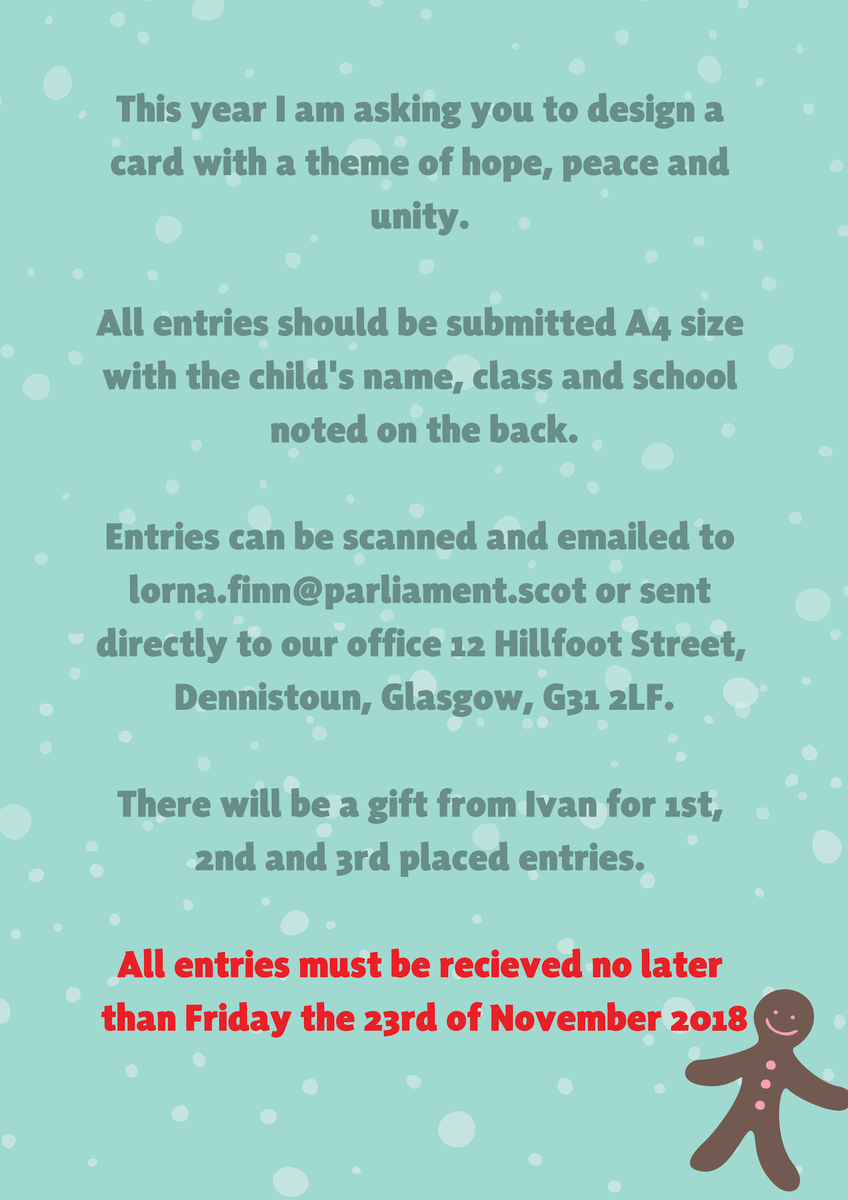 Ivan_McKee's tweet photo. ⛄️I know it is only 2nd of November but I need some Christmas help from all the pupils in the primary schools of Glasgow Provan. My annual Christmas card competition launches today, all the details are on the images below. https://t.co/fAibRkNnXl