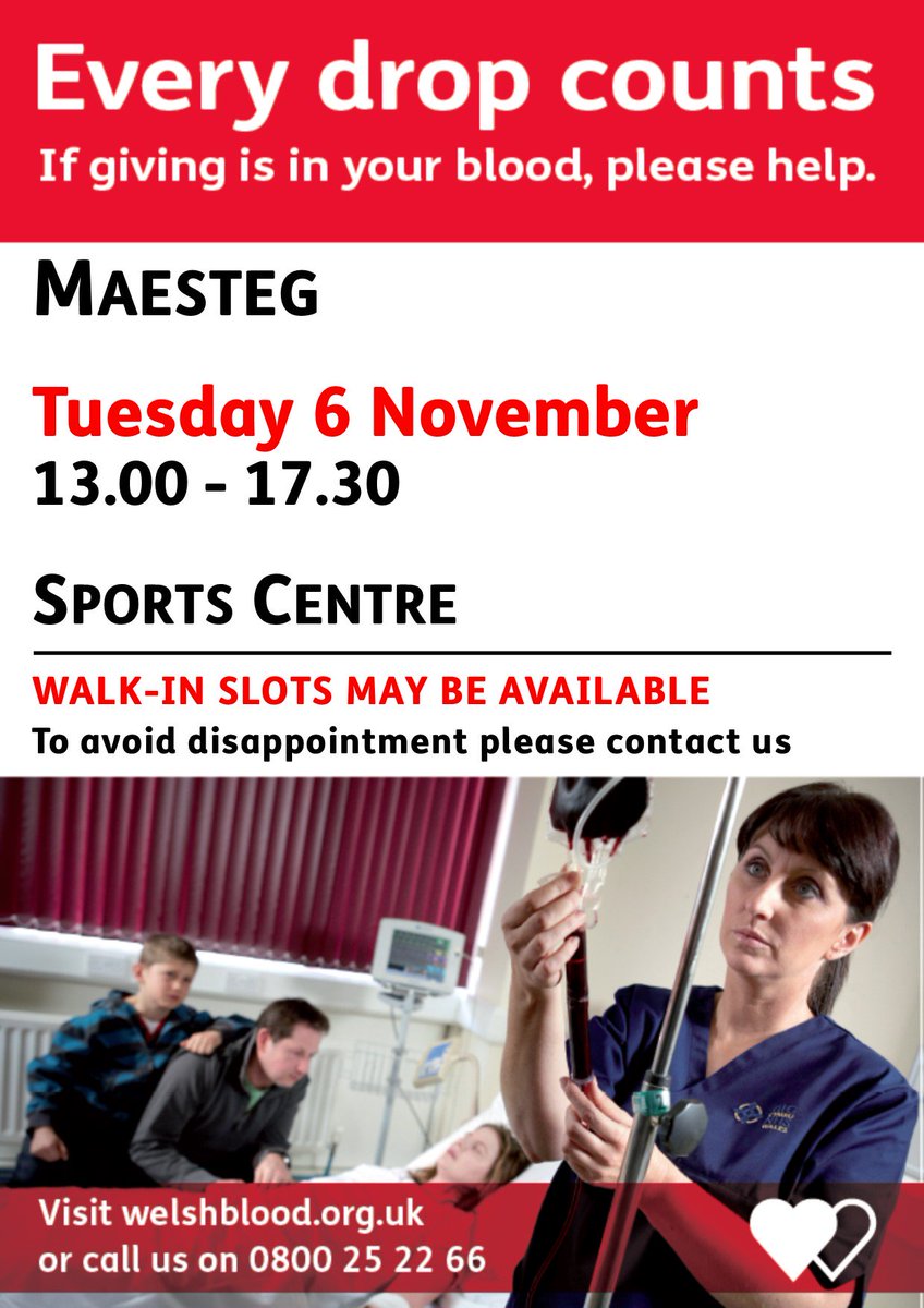 #GiveBlood Tuesday 6 November at @haloleisure #Maesteg Sports Centre between 1pm and 5:30pm with <a href="/WelshBlood/">Welsh Blood 🏴󠁧󠁢󠁷󠁬󠁳󠁿</a>.