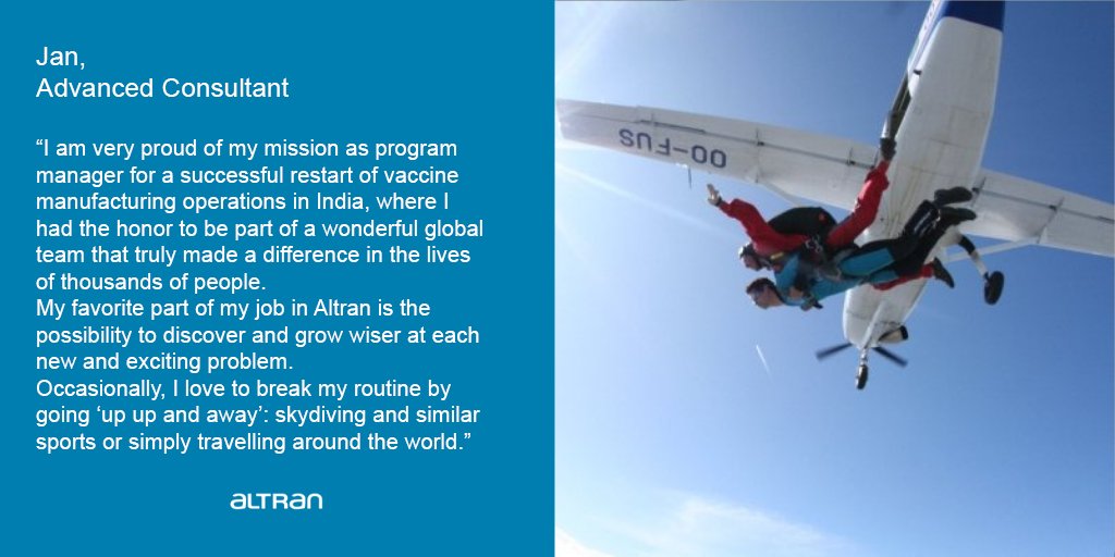 CapgeminiEngBE's tweet photo. Meet Jan, Adv. #Consultant at Altran. He loves #challenges and he is a problem-solver. Also, he is clearly not afraid of #flying and taking risks! Discover opportunities to join our #AltranShiftMakers and #engineers at https://t.co/soUyP587LS https://t.co/yhVbn9kHDp