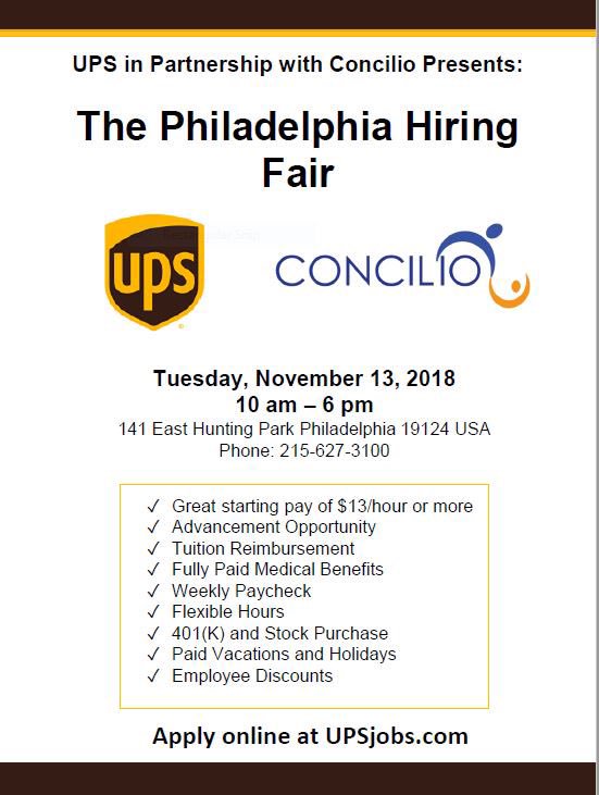 UPSchsLatinoBRG's tweet photo. Join us as we host a job fair with @ConcilioPhilly on Tuesday November 13th. Hiring for all locations and for various positions in and around the Philadelphia area. Opportunity is knocking will you be ready to answer? @ChesapeakUPSers @UPS #futureupsers #upsjobs #unitedasone https://t.co/oETZKvi9cy