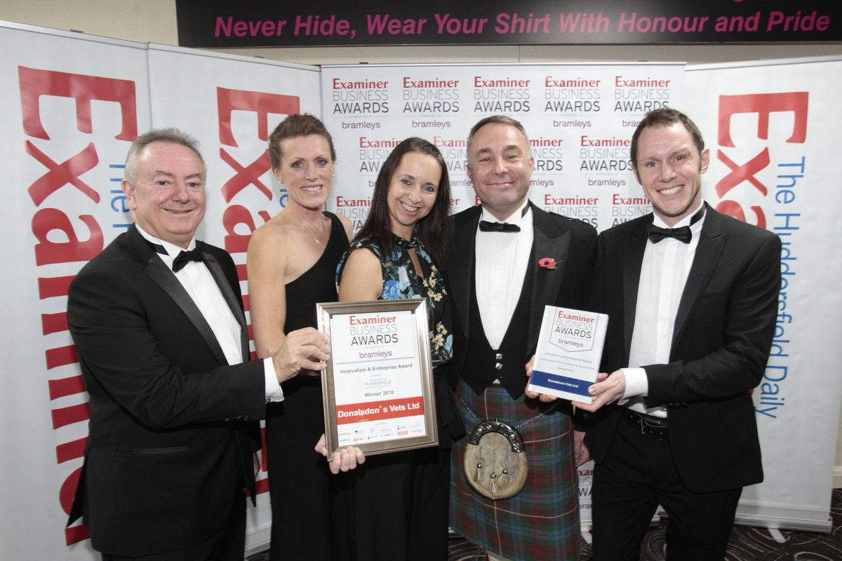 UoHBusinessSch's tweet photo. We had a great evening at #EBA18 last night. Congratulations to Donaldson's Vets who were the winners of the Innovation & Enterprise Award sponsored by @HuddersfieldUni Thank you to all our table guests, we hope you had a great evening. https://t.co/AsuCr5F9uG https://t.co/ZPip1747la
