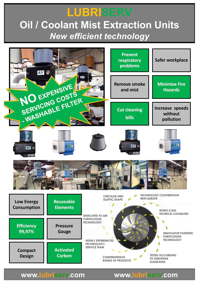 More and more customers are benefiting from our coolant/oil mist filters - no servicing required and washable filters ! Improve your machining environment, health and safety and productivity. Call Lubriserv on 01453 810379.  More info: lubriserv.com/oil-mist-extra…