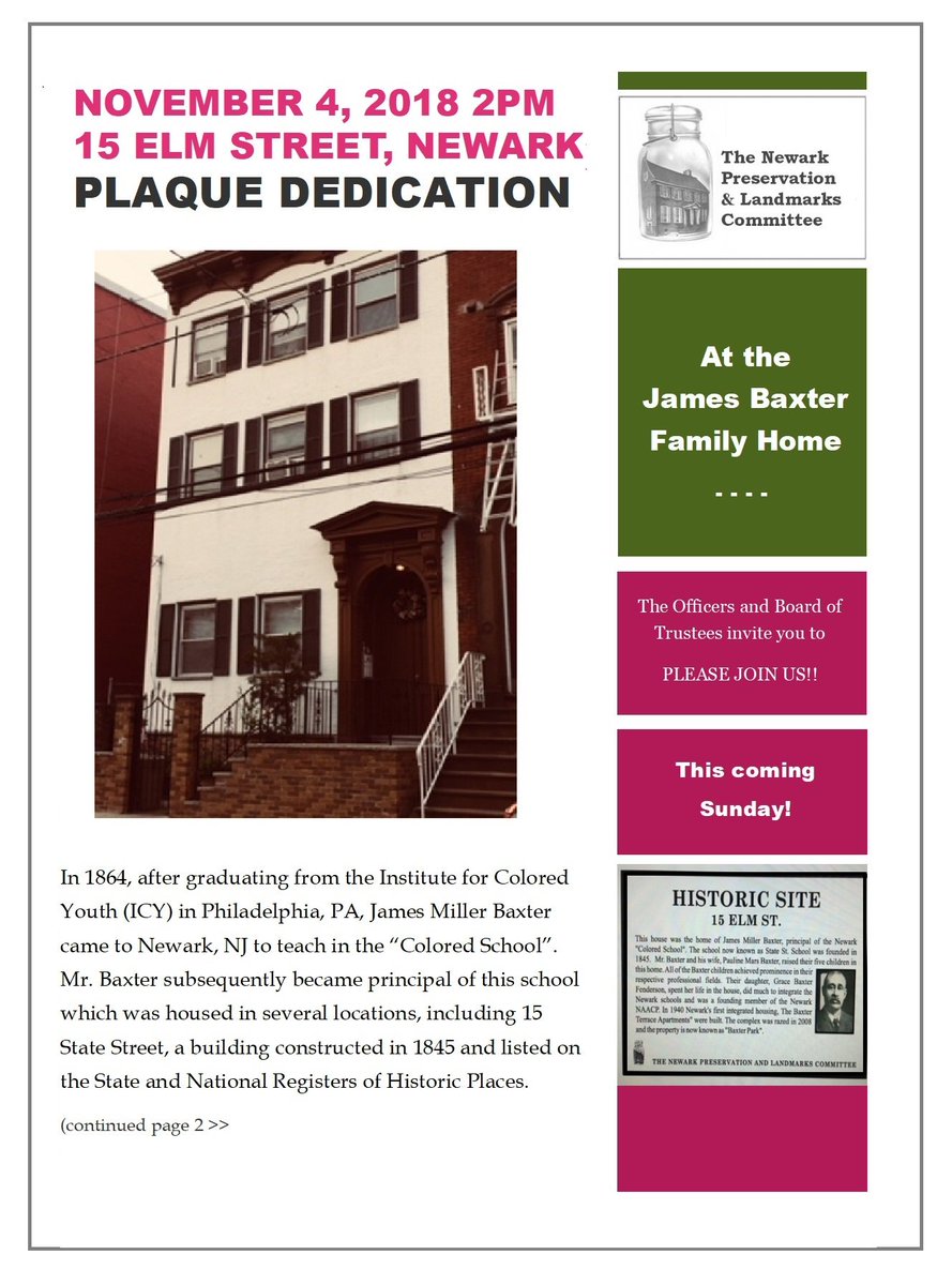 NPLCommittee's tweet photo. PLEASE JOIN US THIS COMING SUNDAY, NOV 4TH 2PM, for a plaque dedication at the James Baxter Family Home. Learn more about this important marker in historic Newark, community by reading information below. https://t.co/JgQO8omd3p #NewarkNJ #preservation  #AfricanAmericans https://t.co/JgPFwu1vkQ