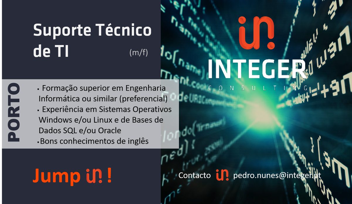 integer_consult's tweet photo. Hiring! Suporte Técnico TI, Porto, JUMP IN! pedro.nunes@integer.pt   💼#integerconsulting #ITjobs #Porto #Windows #Linux #Database #SQL #Oracle #ingles https://t.co/IQ9Q56fCyD