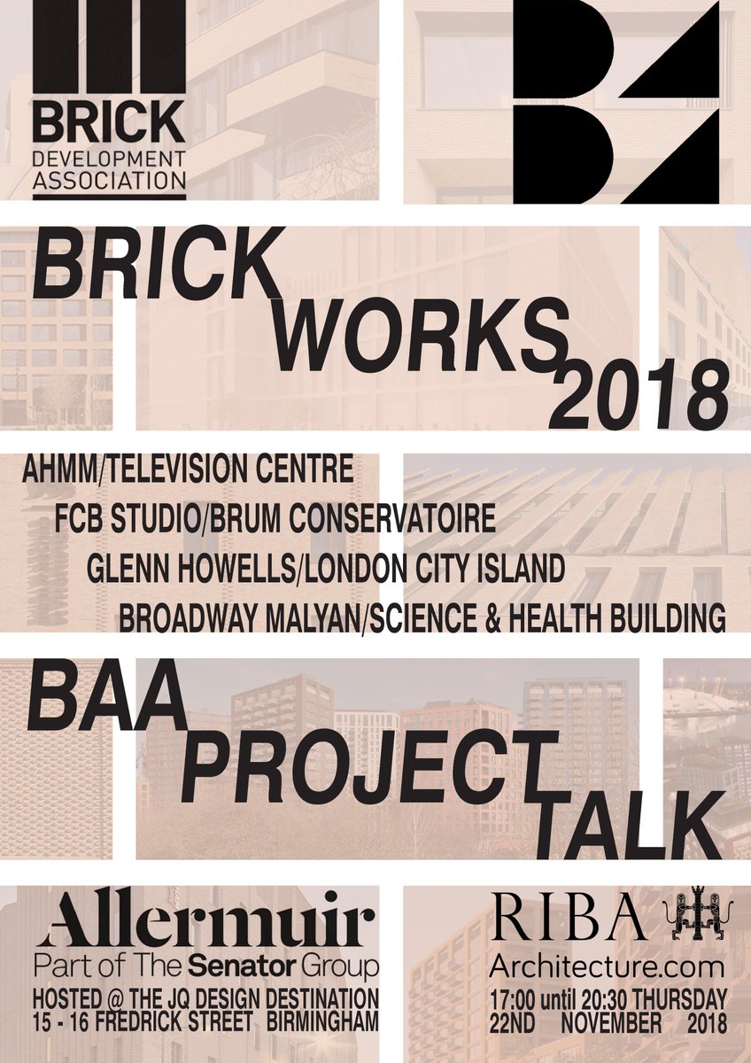 RIBAWestMids's tweet image. We are delighted to be joining the @Birm_Arch &amp;amp; @BricksUK for a evening of "Project Talks" with special guest speakers from:
@AHMMArchitects 
@FCBStudios 
@Glenn_Howells 
@BroadwayMalyan 

Find out more &amp;amp; sign up here: baa-brick-works-2018.eventbrite.co.uk 

#architecture #brick #BeRIBA
