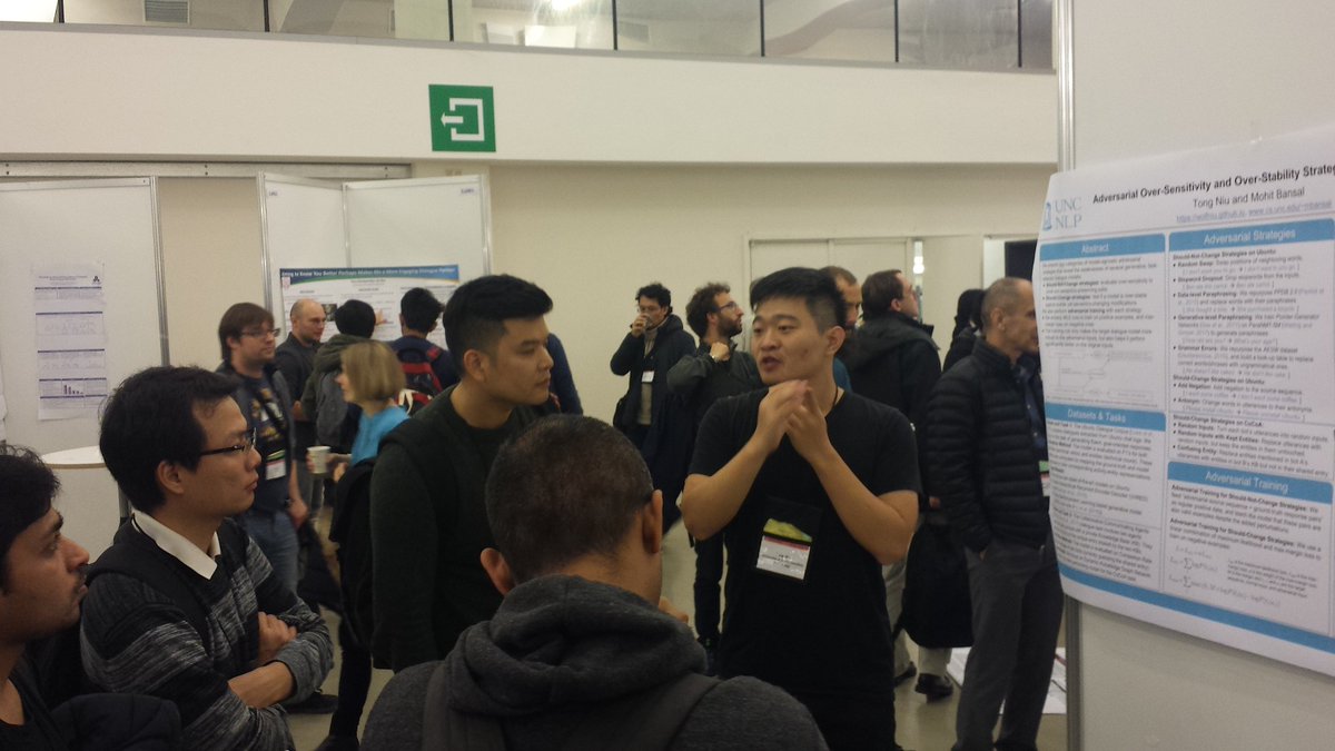 mohitban47's tweet photo. Nov1 #CoNLL2018: And here is Tong Niu (@mrnt0810) presenting his work on adversarial-dialogue (over-sensitivity and over-stability) at @conll2018! ๐
Paper/code: https://t.co/3eaBL4XIb6, https://t.co/izglkLQqL8
#EMNLP2018 #NLProc https://t.co/PpA4ImVlzP