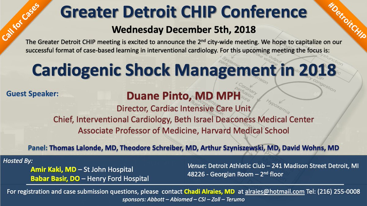 chadialraies's tweet image. The second Greater Detroit CHIP meeting is taking place Wednesday 12/5/2018. We hope to capitalize on our successful format of case-based learning in interventional cardiology. Registration and case submission: link: goo.gl/forms/HIIFQQww… … #SCAI19 #cardiotwitter #PercAx