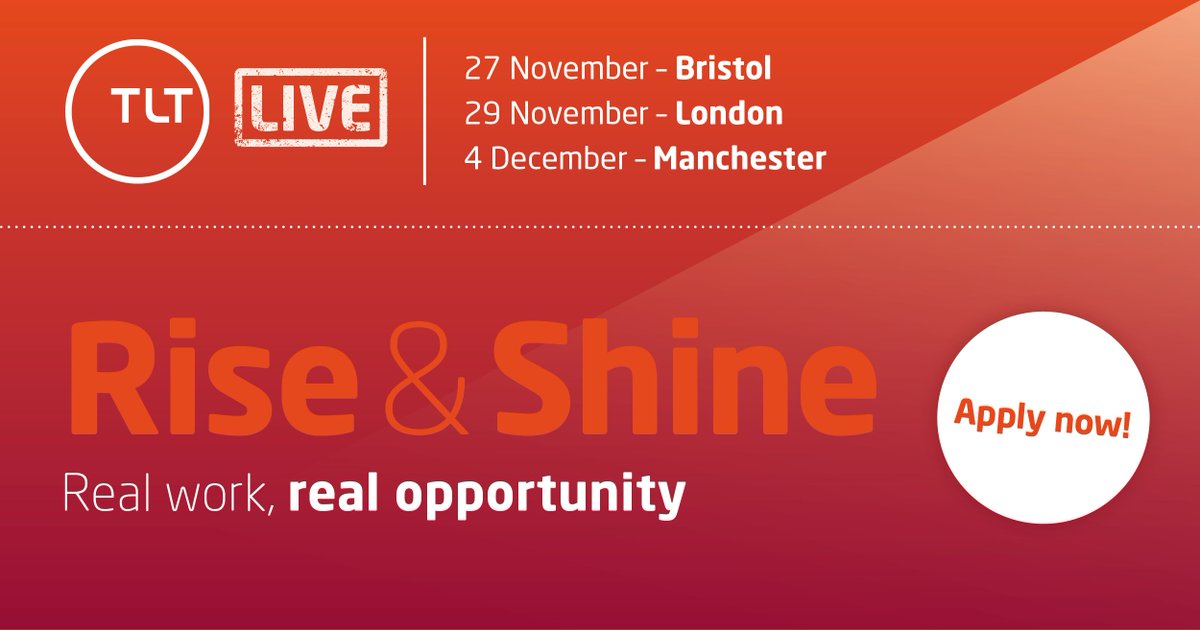 AllAboutLaw's tweet photo. Think you've got what it takes to be a trainee at TLT? Come to #TLTLive at one of our offices nationwide to find out! Apply Now https://t.co/l3OrCxUqtl https://t.co/KTtekJ1Qr7
